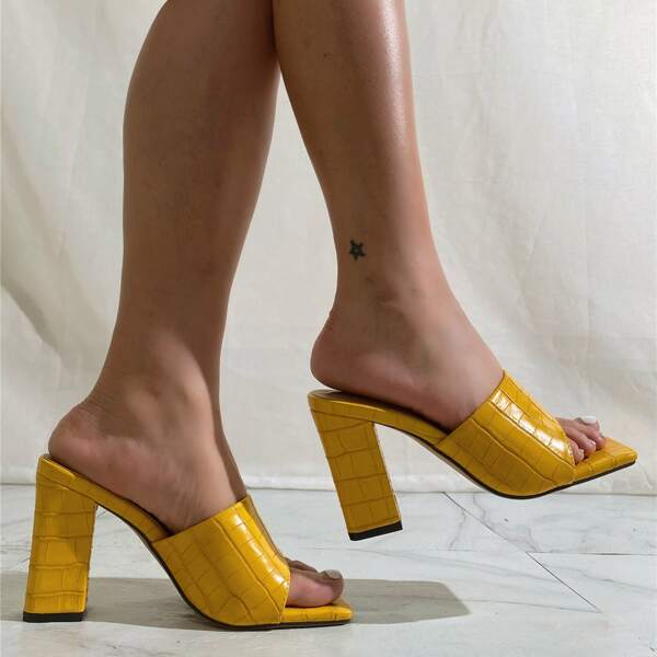 

Croc Embossed Chunky Heeled Sandals Mules, Yellow