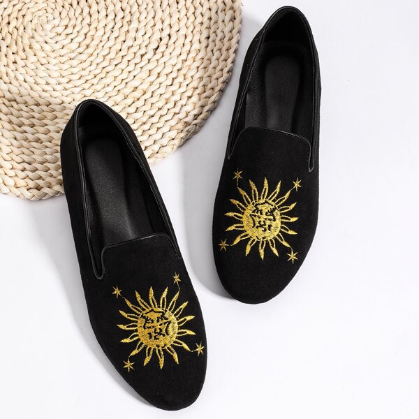 

Sun Graphic Embroidery Detail Loafers, Black