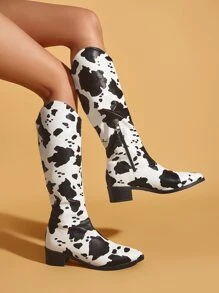 Botas con estampado de vaca con cremallera lateral con tacón grueso - Blanco y Negro - Ver 1