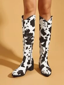 Botas con estampado de vaca con cremallera lateral con tacón grueso - Blanco y Negro - Ver 3