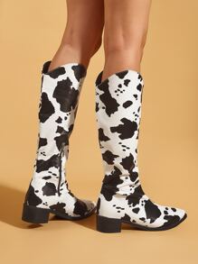 Botas con estampado de vaca con cremallera lateral con tacón grueso - Blanco y Negro - Ver 4