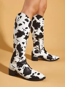 Botas con estampado de vaca con cremallera lateral con tacón grueso - Blanco y Negro - Ver 5