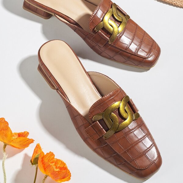 

Chain Decor Croc Embossed Flat Mules, Brown