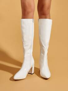 Minimalist Chunky Heeled Side Zipper Boots - White - View 3