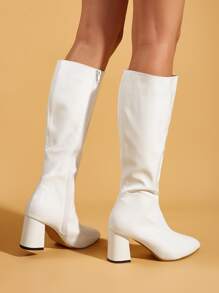 Minimalist Chunky Heeled Side Zipper Boots - White - View 5