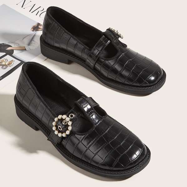 

Croc Embossed Faux Pearls Decor Flats, Black