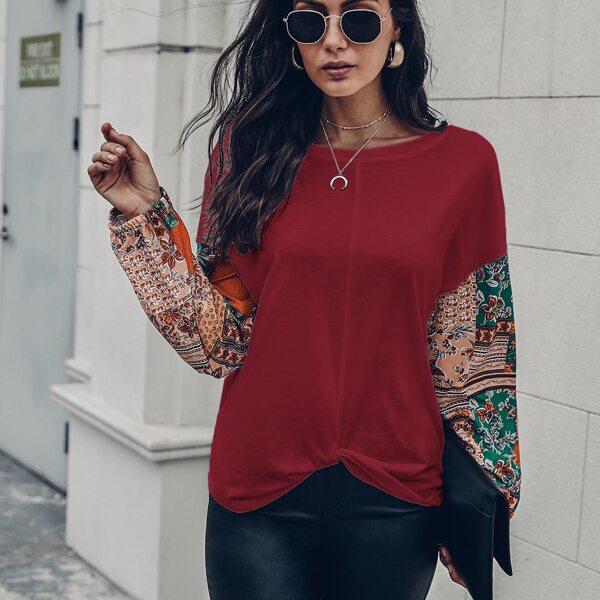 

Floral Print Contrast Sleeve Tee, Burgundy