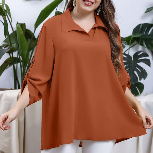 

Plus Solid Roll Up Sleeve Blouse, Brown