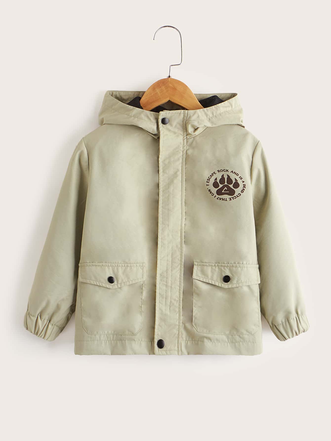 SHEIN 小男童標語和小熊印花翻蓋口袋連帽外套