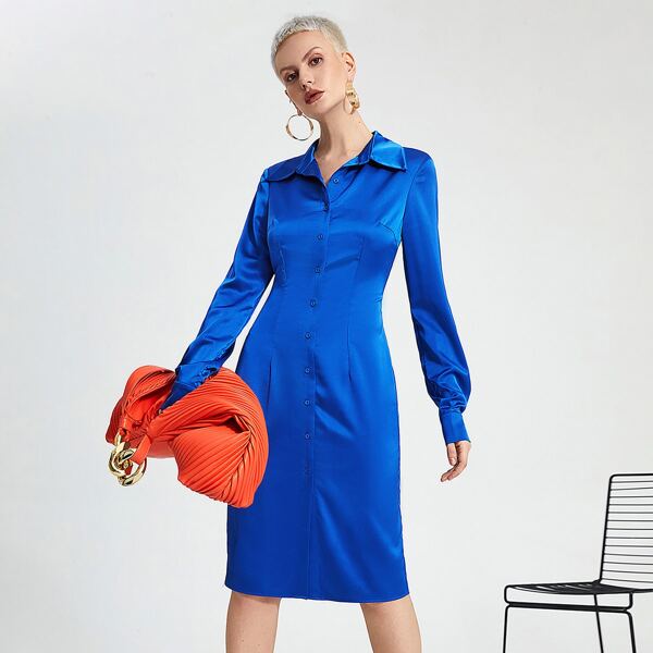 

Solid Button Front Shirt Dress, Royal blue