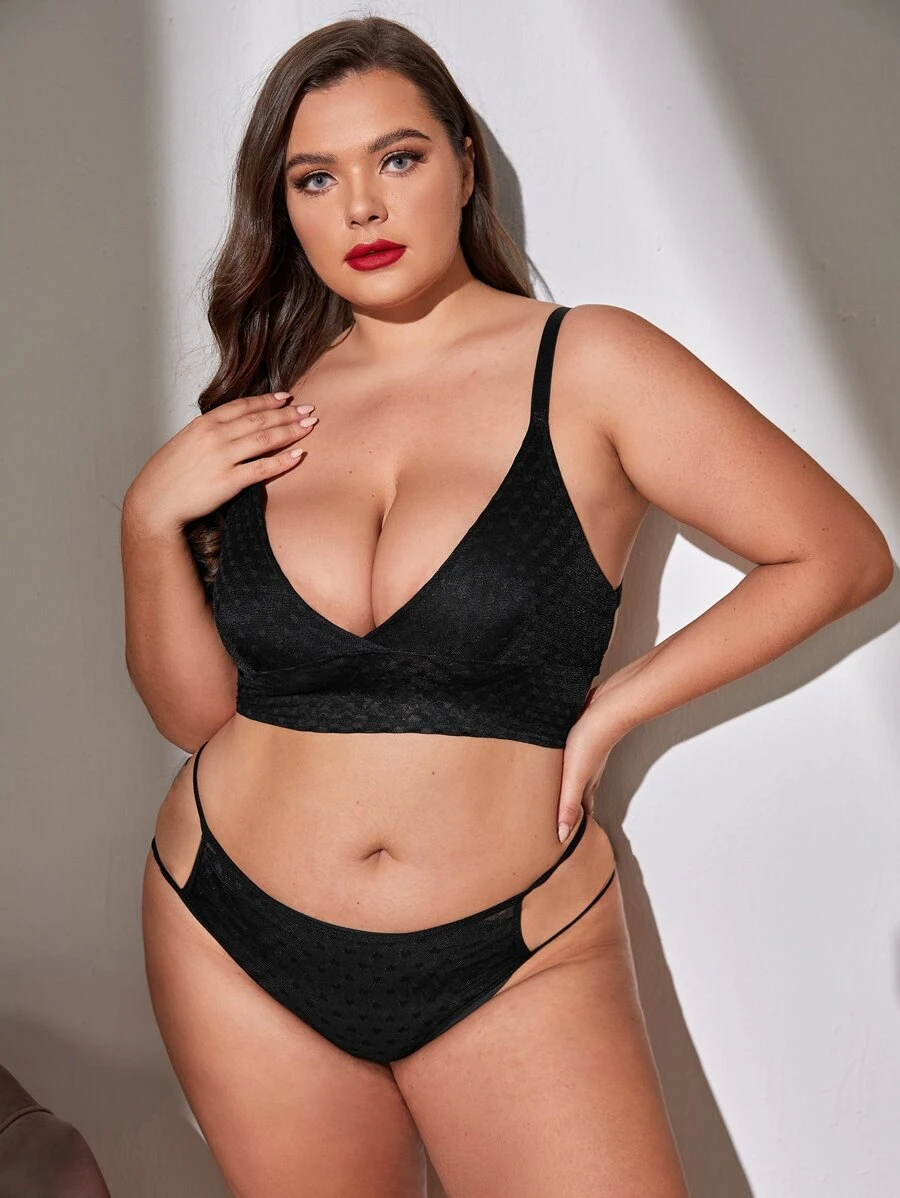 Plus Plain Bra & Cut-Out Panty Lingerie Set - Black - View 1