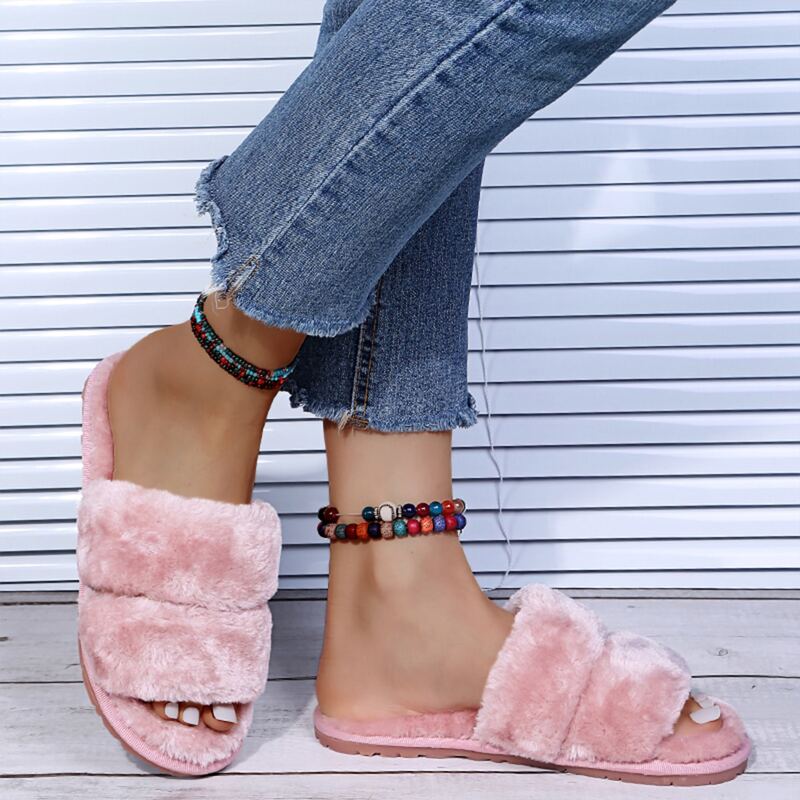 

Open Toe Fluffy Slippers, Pink