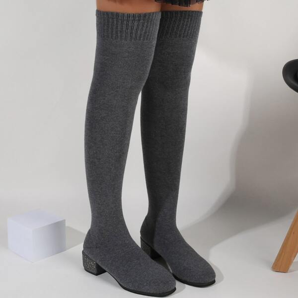 

Rhinestone Decor Chunky Heeled Boots, Grey