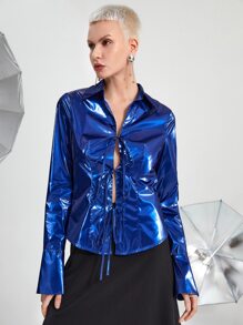 SHEIN BAE Tie Front Metallic Shirt - Blue - View 4