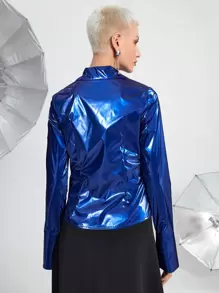 SHEIN BAE Tie Front Metallic Shirt - Blue - View 2