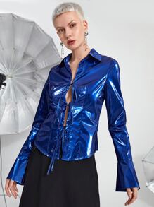 SHEIN BAE Tie Front Metallic Shirt - Blue - View 3