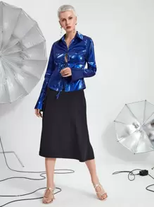 SHEIN BAE Tie Front Metallic Shirt - Blue - View 5