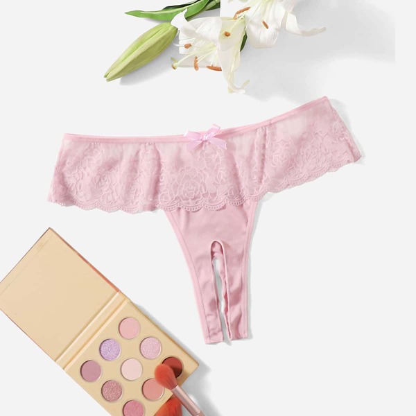 

Plus Contrast Lace Crotchless Thong, Pink