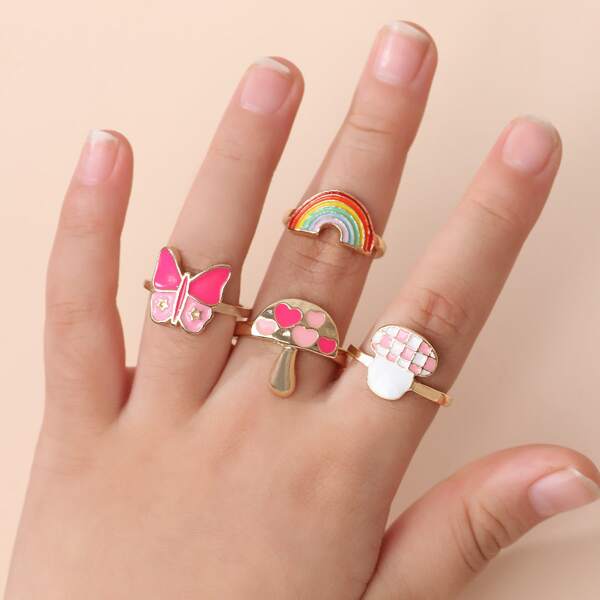 

4pcs Girls Butterfly & Rainbow Decor Ring, Gold