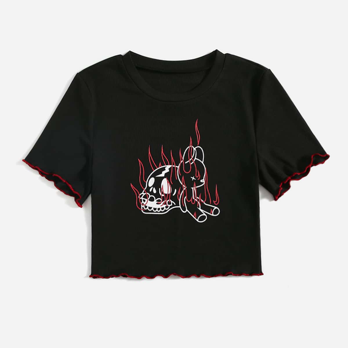 

Skull & Cartoon Graphic Lettuce Trim Crop Tee, Black