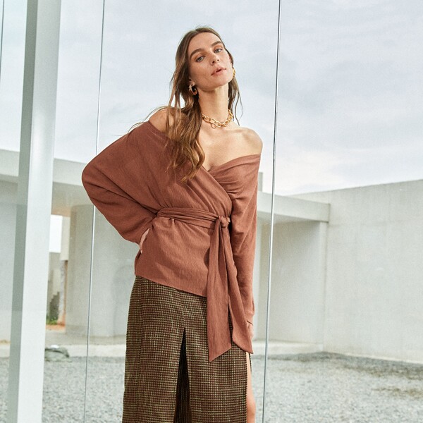 

Off Shoulder Wrap Belted Blouse, Redwood