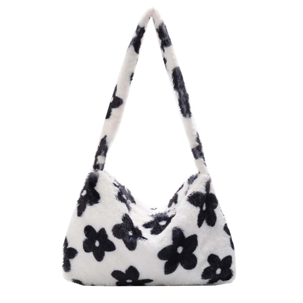 

Floral Graphic Fluffy Shoulder Bag, Black and white