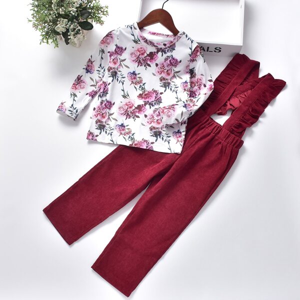 

Toddler Girls Floral Print Tee & Ruffle Trim Overall Jumpsuit, Multicolor