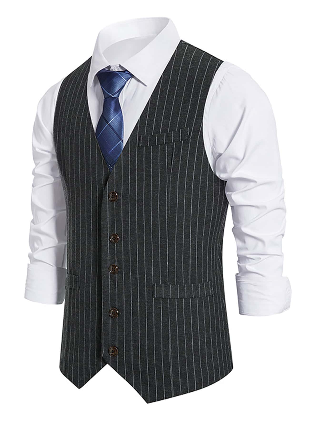 Manfinity Men Pinstriped Single Breasted Waistcoat Without Shirt - Black - View 1
