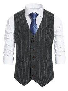 Manfinity Men Pinstriped Single Breasted Waistcoat Without Shirt - Black - View 3