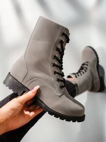 Minimalist Lace-up Front Boots - Grey - View 3