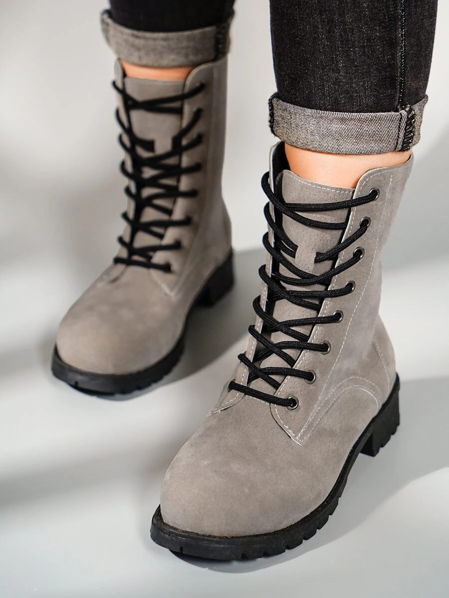 Minimalist Lace-up Front Boots - Grey - View 1