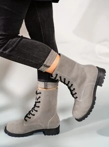 Minimalist Lace-up Front Boots - Grey - View 8