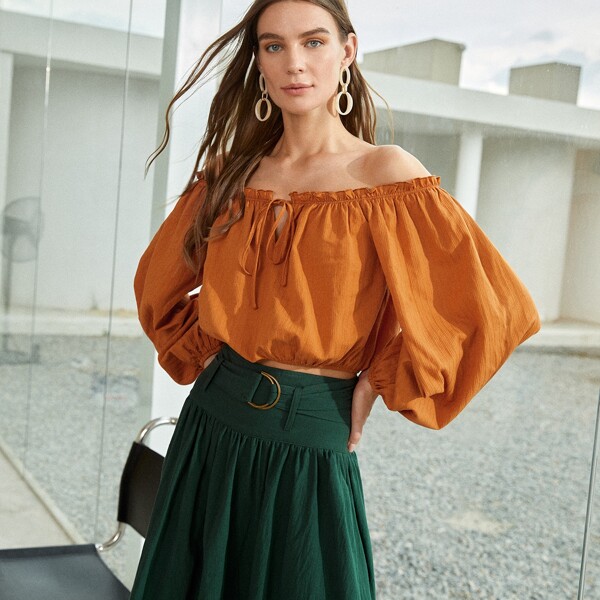 

Off Shoulder Lantern Sleeve Tie Front Top, Burnt orange