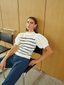 SHEIN Striped Puff Sleeve Knit Top - White - View 1