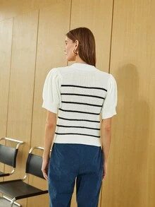 SHEIN Striped Puff Sleeve Knit Top - White - View 2
