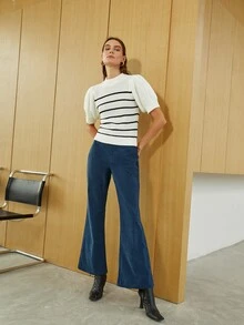 SHEIN Striped Puff Sleeve Knit Top - White - View 3