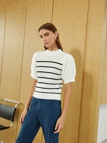 SHEIN Striped Puff Sleeve Knit Top - White - View 4