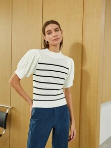 SHEIN Striped Puff Sleeve Knit Top - White - View 5