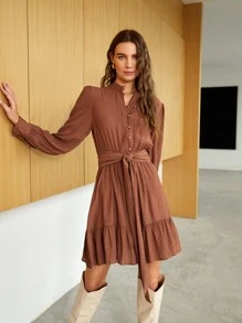 SHEIN Half Button Belted Ruffle Hem Dress - Brown - View 1