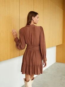 SHEIN Half Button Belted Ruffle Hem Dress - Brown - View 2