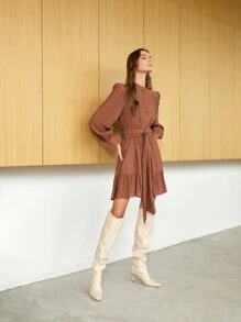 SHEIN Half Button Belted Ruffle Hem Dress - Brown - View 3