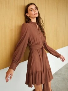 SHEIN Half Button Belted Ruffle Hem Dress - Brown - View 4