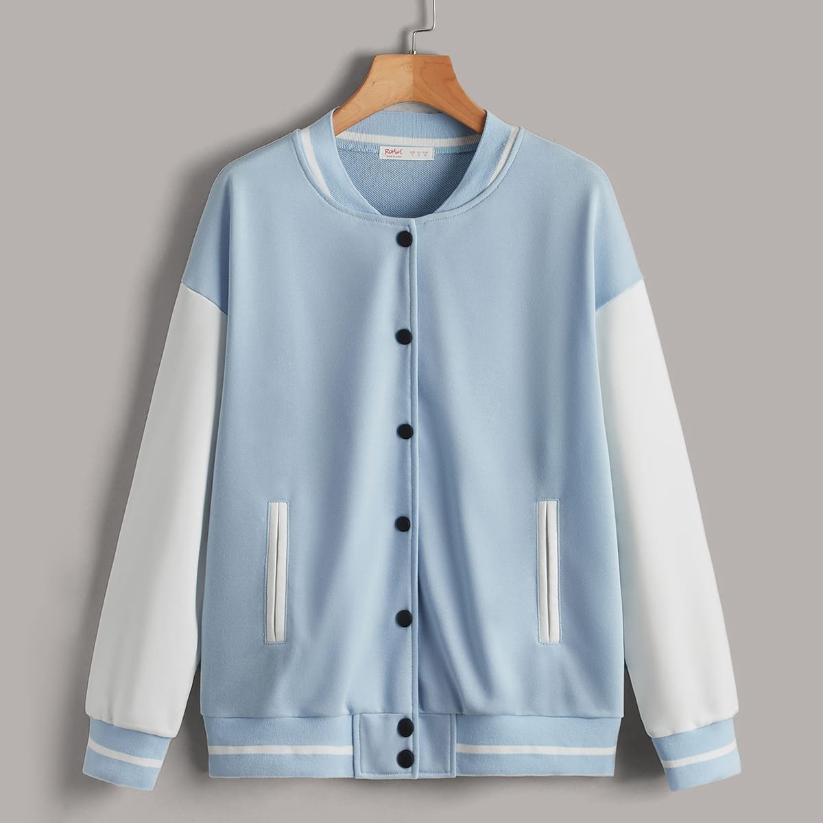 

Colorblock Button Front Baseball Jacket, Blue and white