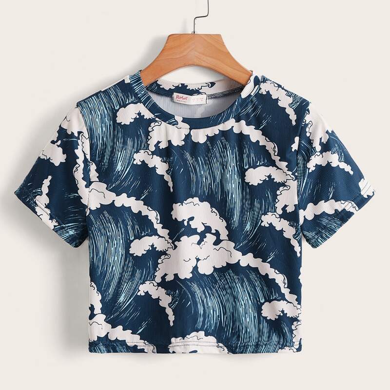 

Wave Graphic Ribbed Crop Tee, Multicolor