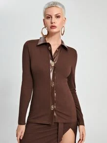 SHEIN Unity Áo nữ Gân đan Nút phía trước màu trơn Giải trí - Cà phê nâu - Xem 2
