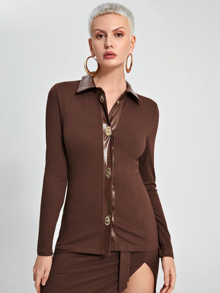 Ribbed Knit Button Front Top