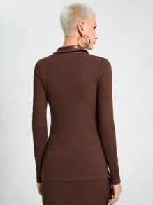 SHEIN Unity Áo nữ Gân đan Nút phía trước màu trơn Giải trí - Cà phê nâu - Xem 3