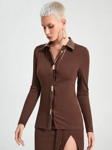 SHEIN Unity Áo nữ Gân đan Nút phía trước màu trơn Giải trí - Cà phê nâu - Xem 4