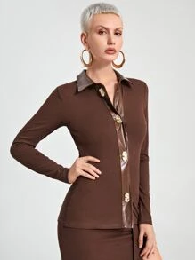 SHEIN Unity Áo nữ Gân đan Nút phía trước màu trơn Giải trí - Cà phê nâu - Xem 5