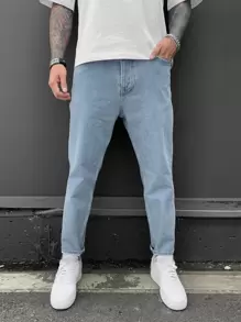 Manfinity Homme Herren gewaschene Jeans mit schrägen Taschen, zulaufender Passform, langer blauer Jeans, Cargo-Design, schlichte Arbeit, Business-Lässig, Ehemann